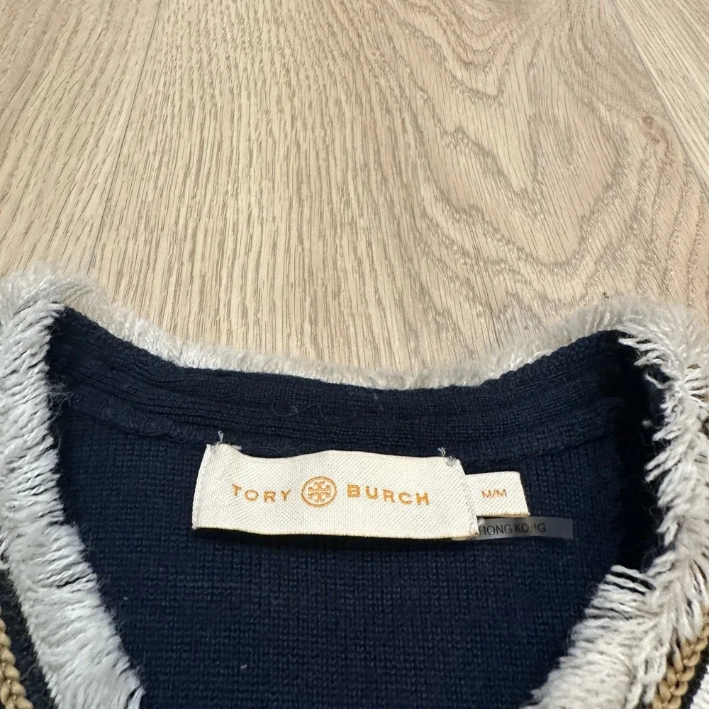 Tory Burch Wool Kendra Fringe Trimmed Sweater Coat Navy Sz M Heavy Weight Preppy